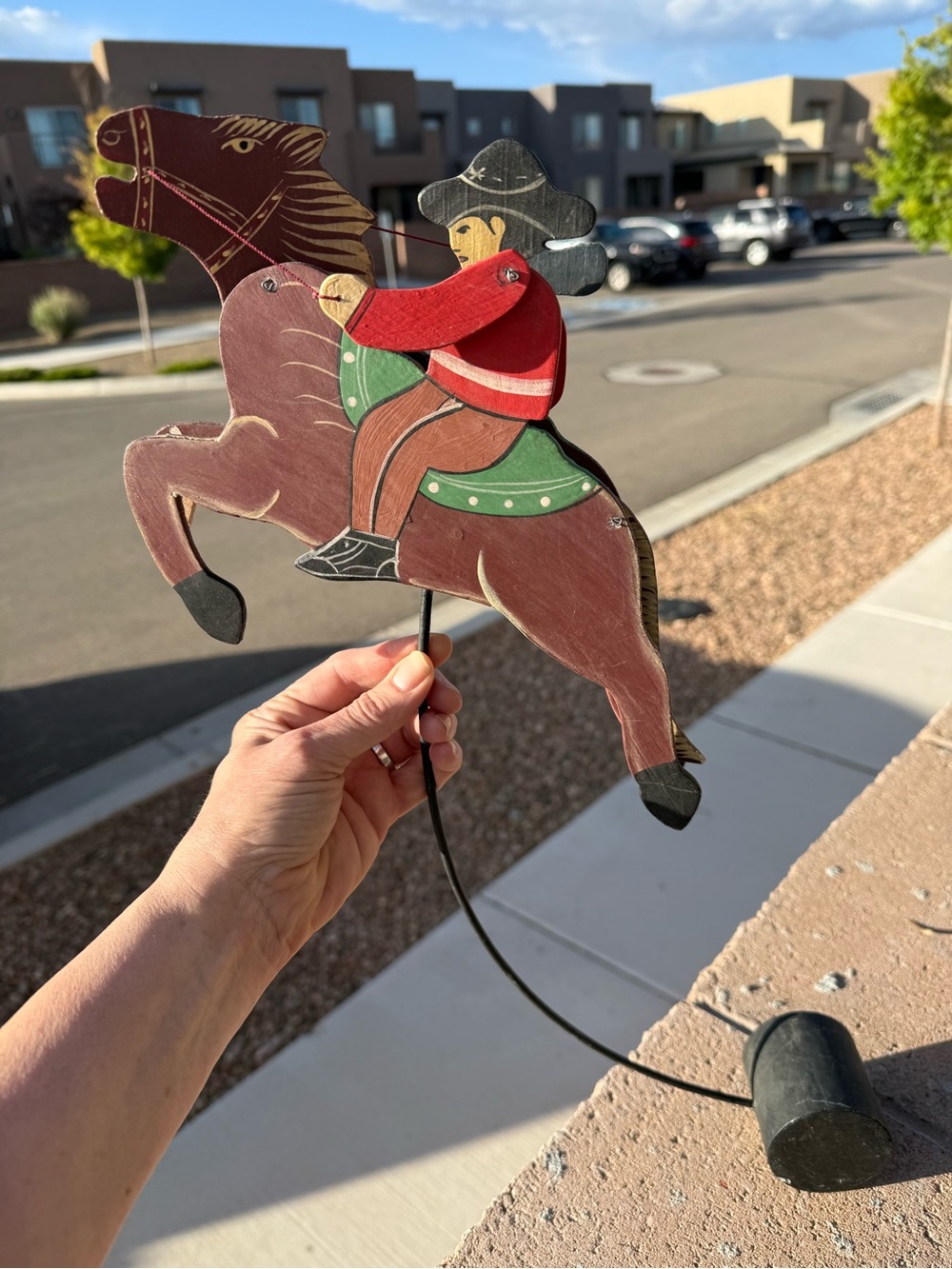 Vintage Mexican Folk Art Hand-Painted Wooden Cowboy on Horse Pendulum Balance